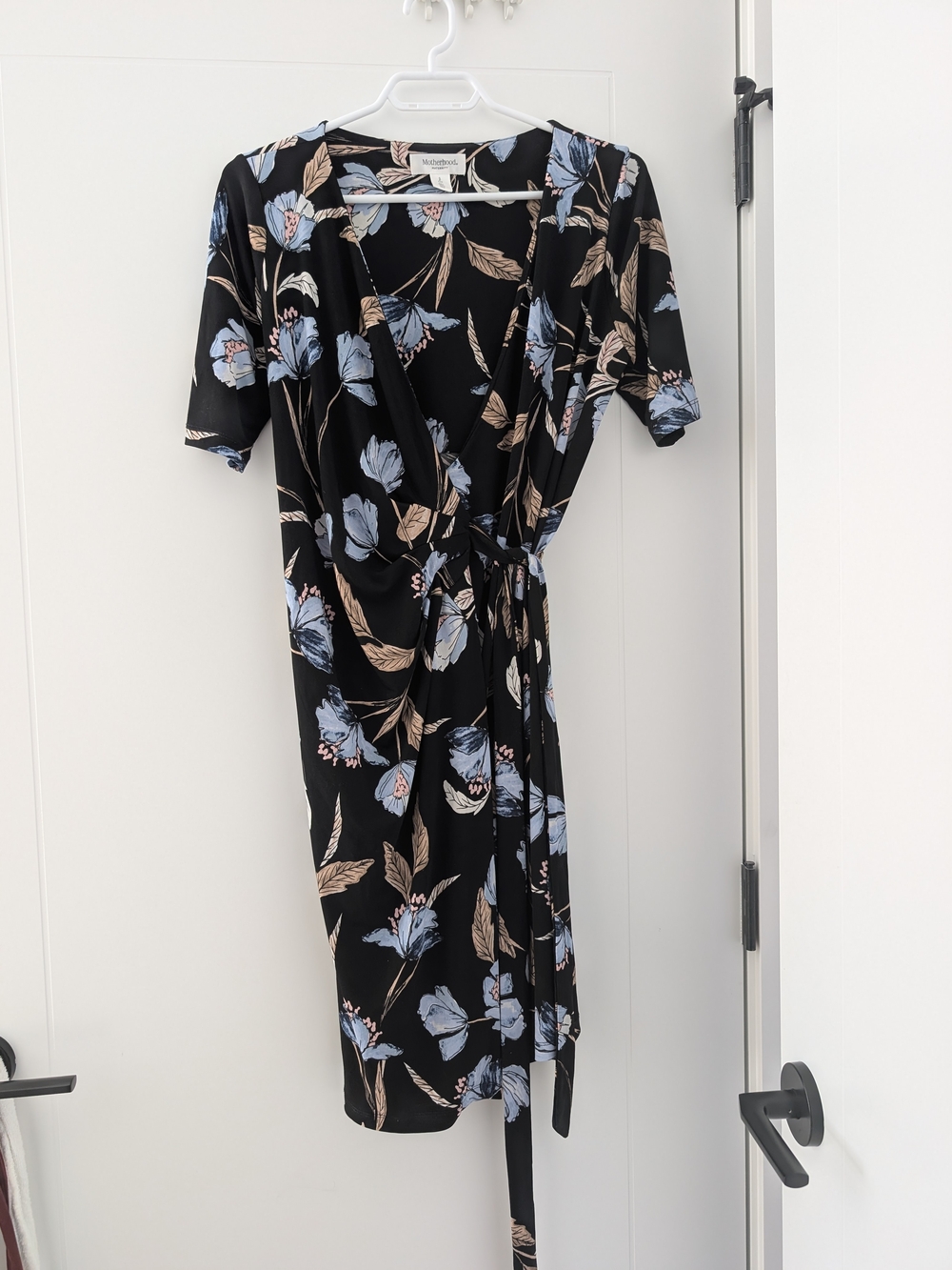 Motherhood Maternity Black Floral Wrap Dress with Light Blue and Tan Blooms